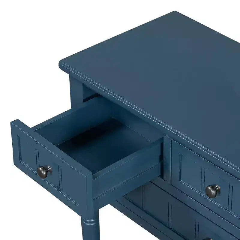 Tavolo consolle stretto Bellemave, tavolo da divano sottile con tre cassetti e ripiano inferiore (blu scuro)