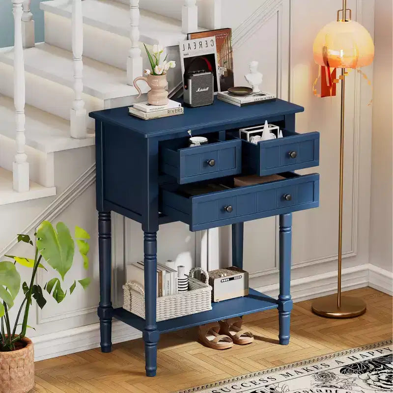 Tavolo consolle stretto Bellemave, tavolo da divano sottile con tre cassetti e ripiano inferiore (blu scuro)