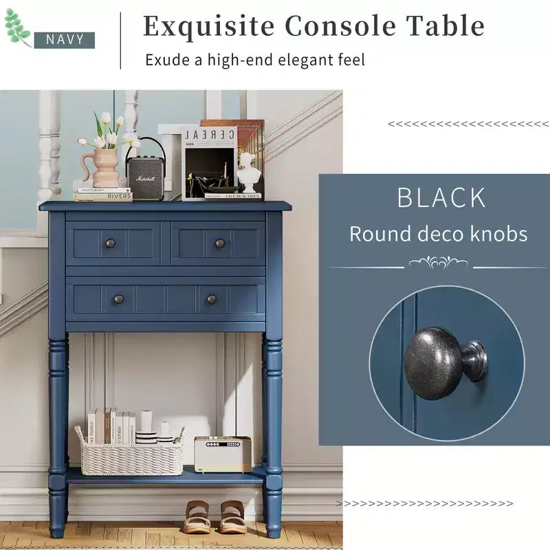 Tavolo consolle stretto Bellemave, tavolo da divano sottile con tre cassetti e ripiano inferiore (blu scuro)