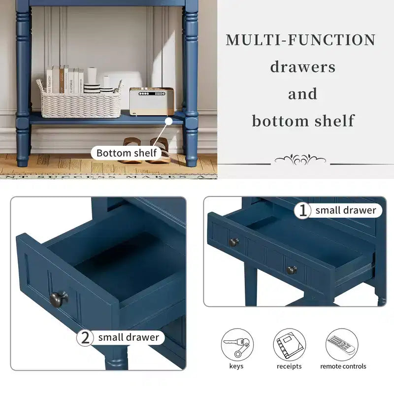 Tavolo consolle stretto Bellemave, tavolo da divano sottile con tre cassetti e ripiano inferiore (blu scuro)