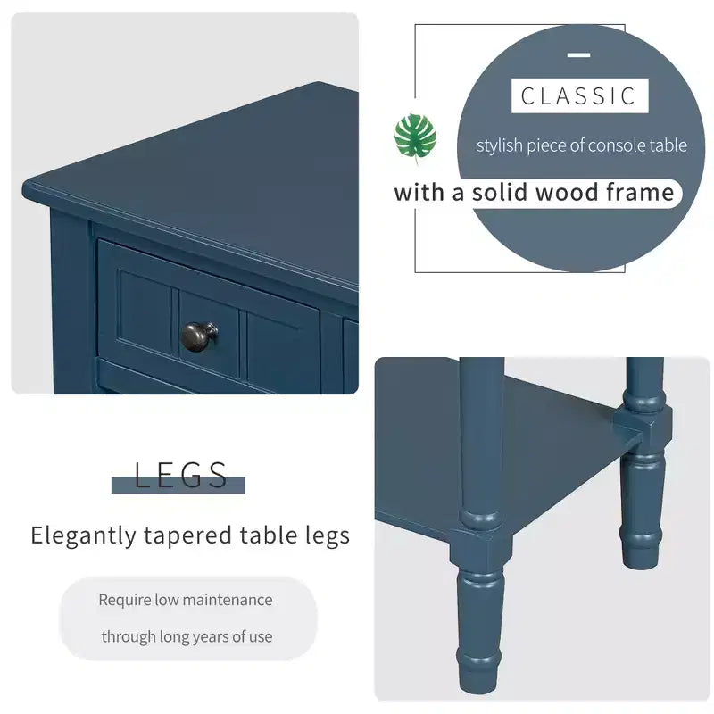 Tavolo consolle stretto Bellemave, tavolo da divano sottile con tre cassetti e ripiano inferiore (blu scuro)