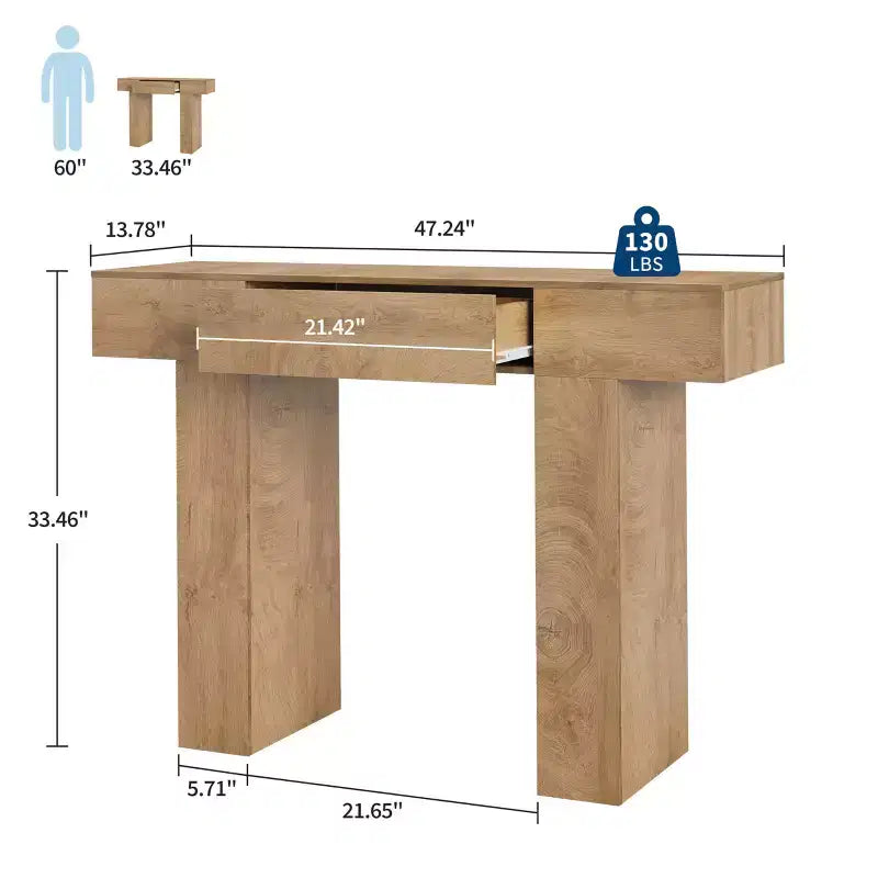 Tavolo consolle lungo 120 cm con cassetto, tavolo rettangolare in legno da divano da mettere dietro al divano, tavoli industriali da ingresso in stile rustico per corridoi e androni