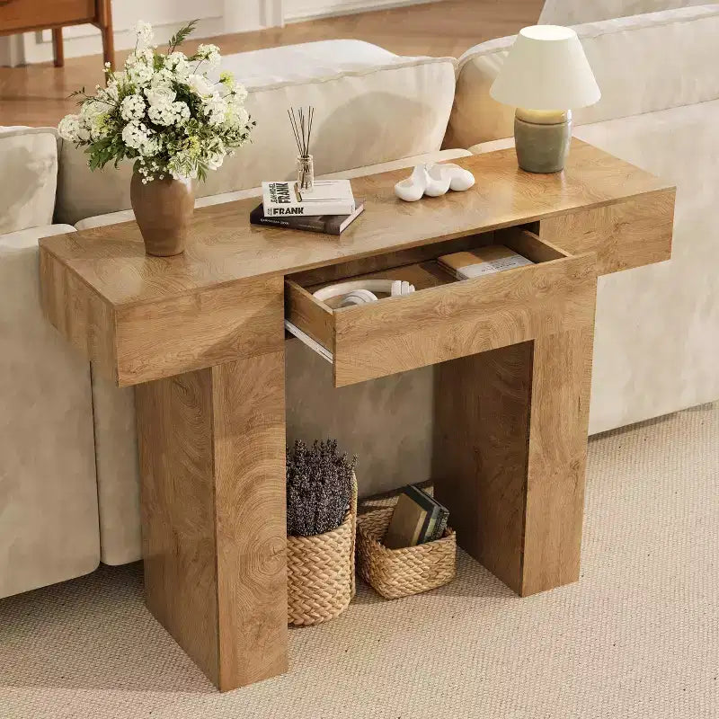 Tavolo consolle lungo 120 cm con cassetto, tavolo rettangolare in legno da divano da mettere dietro al divano, tavoli industriali da ingresso in stile rustico per corridoi e androni