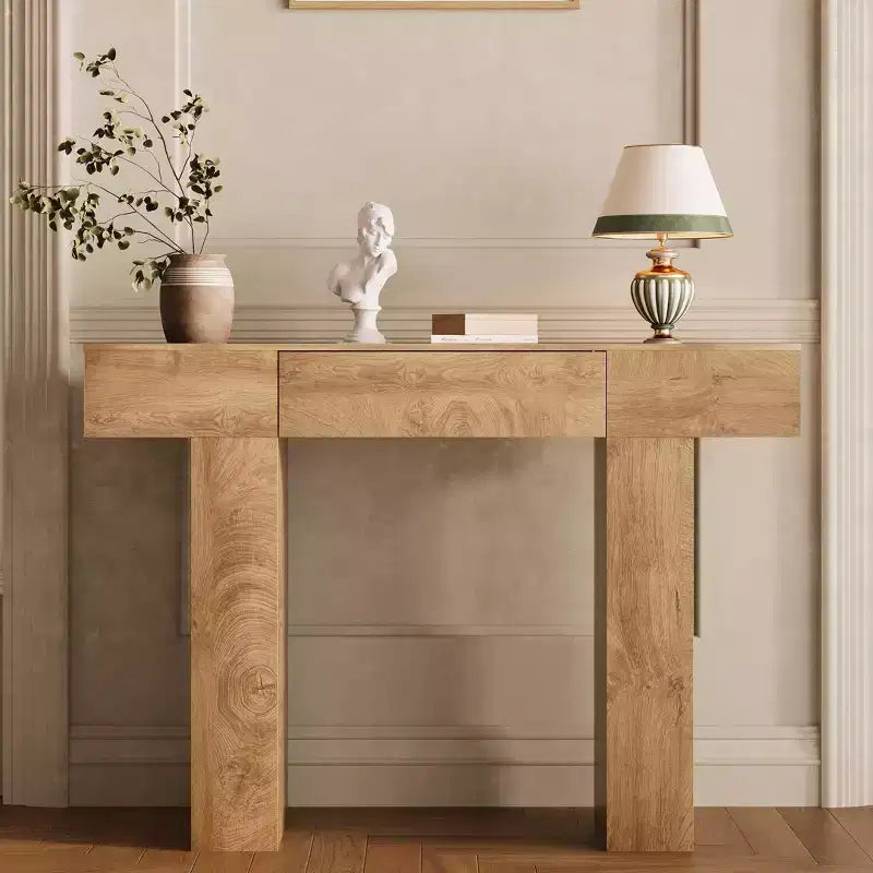 Tavolo consolle lungo 120 cm con cassetto, tavolo rettangolare in legno da divano da mettere dietro al divano, tavoli industriali da ingresso in stile rustico per corridoi e androni