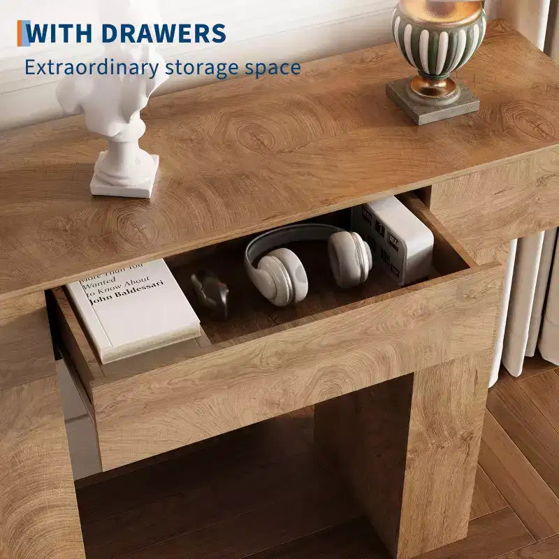 Tavolo consolle lungo 120 cm con cassetto, tavolo rettangolare in legno da divano da mettere dietro al divano, tavoli industriali da ingresso in stile rustico per corridoi e androni