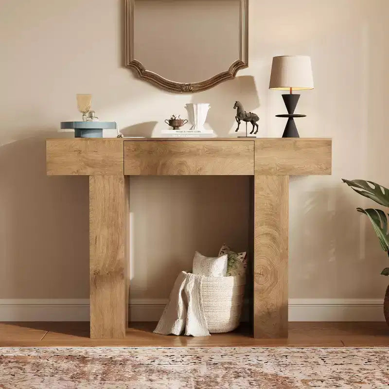 Tavolo consolle lungo 120 cm con cassetto, tavolo rettangolare in legno da divano da mettere dietro al divano, tavoli industriali da ingresso in stile rustico per corridoi e androni