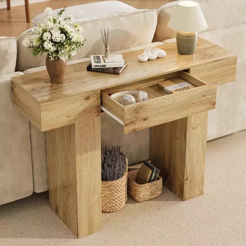 Tavolo consolle lungo 120 cm con cassetto, tavolo rettangolare in legno da divano da mettere dietro al divano, tavoli industriali da ingresso in stile rustico per corridoi e androni
