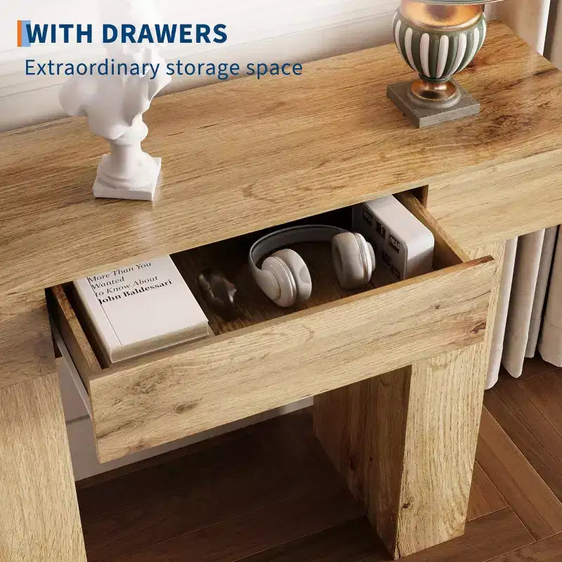 Tavolo consolle lungo 120 cm con cassetto, tavolo rettangolare in legno da divano da mettere dietro al divano, tavoli industriali da ingresso in stile rustico per corridoi e androni