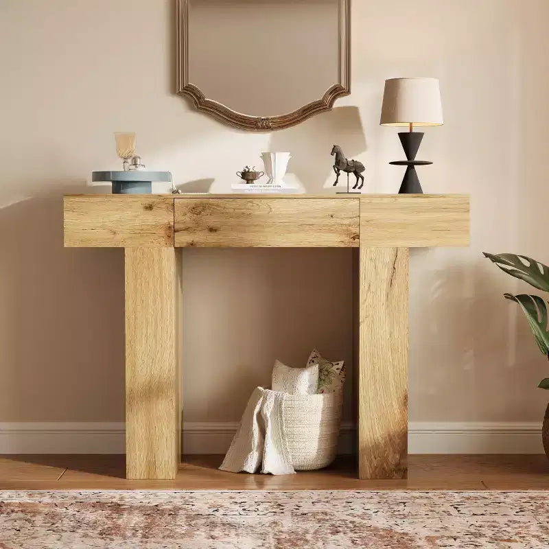 Tavolo consolle lungo 120 cm con cassetto, tavolo rettangolare in legno da divano da mettere dietro al divano, tavoli industriali da ingresso in stile rustico per corridoi e androni