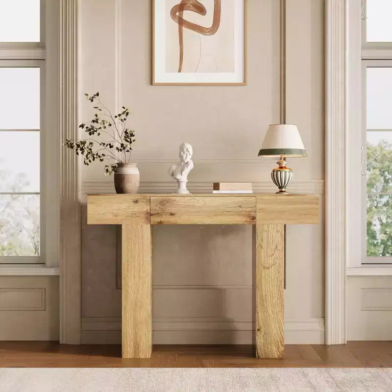 Tavolo consolle lungo 120 cm con cassetto, tavolo rettangolare in legno da divano da mettere dietro al divano, tavoli industriali da ingresso in stile rustico per corridoi e androni