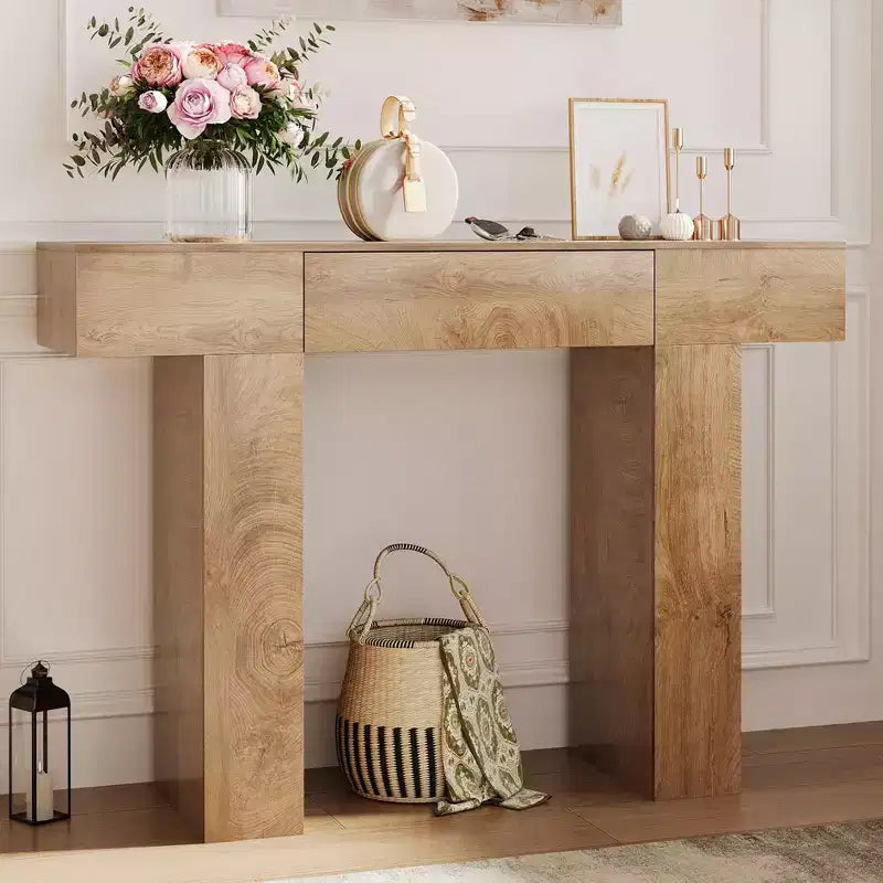 Tavolo consolle lungo 120 cm con cassetto, tavolo rettangolare in legno da divano da mettere dietro al divano, tavoli industriali da ingresso in stile rustico per corridoi e androni