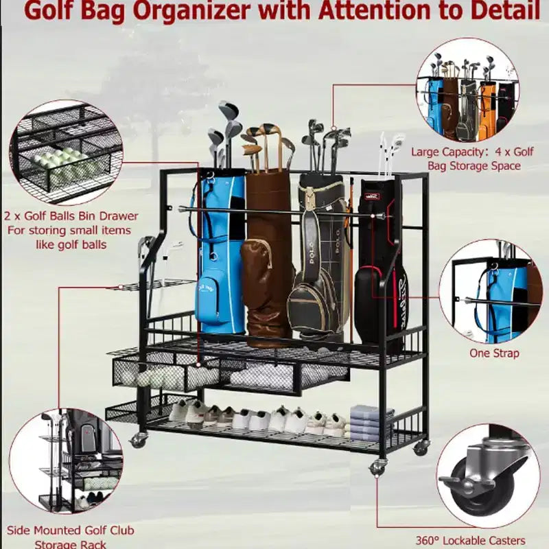 COZONY Organizer per Attrezzatura da Golf da Garage, Contiene 4 Sacche da Golf, Mazze e Accessori, con 4 Ruote, Cassetti per Scarpe e Attrezzatura, Ideale per Garage
