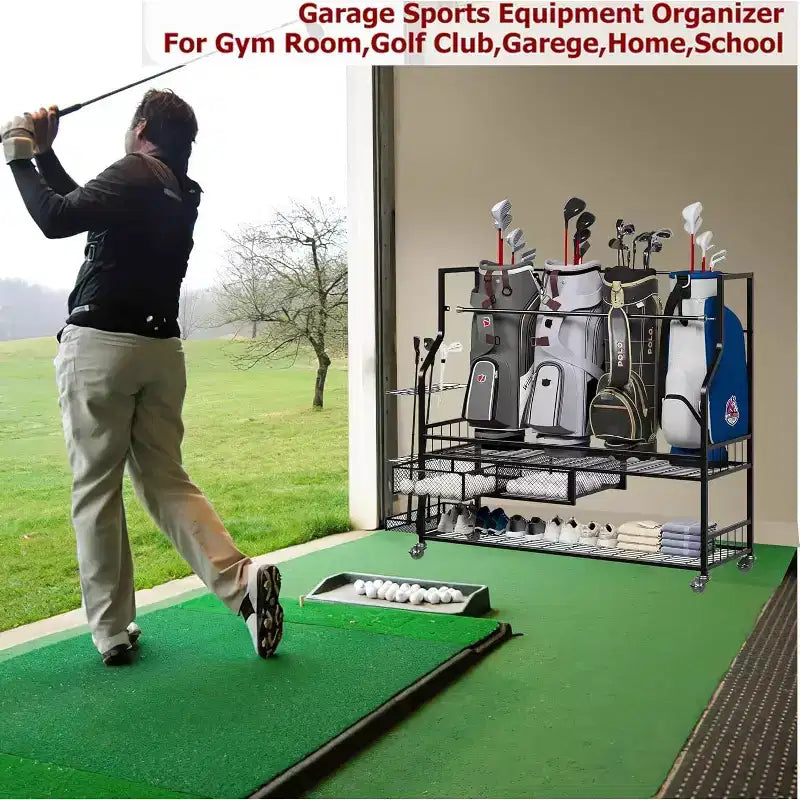 COZONY Organizer per Attrezzatura da Golf da Garage, Contiene 4 Sacche da Golf, Mazze e Accessori, con 4 Ruote, Cassetti per Scarpe e Attrezzatura, Ideale per Garage