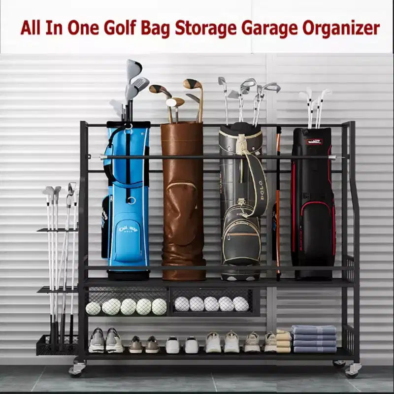 COZONY Organizer per Attrezzatura da Golf da Garage, Contiene 4 Sacche da Golf, Mazze e Accessori, con 4 Ruote, Cassetti per Scarpe e Attrezzatura, Ideale per Garage