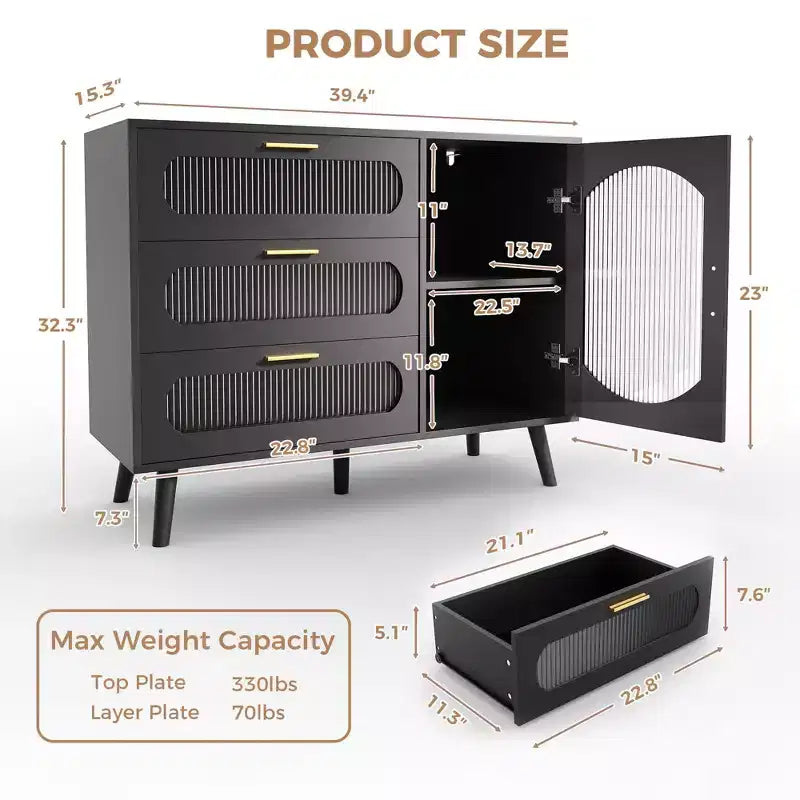 Mobile Buffet GustoWave con Ante, Credenza con Ante in Vetro Scanalato e Cassetti, Credenza Nera per Cucina, Sala da Pranzo