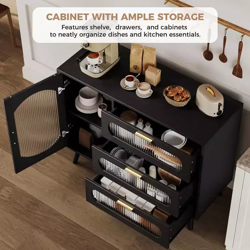 Mobile Buffet GustoWave con Ante, Credenza con Ante in Vetro Scanalato e Cassetti, Credenza Nera per Cucina, Sala da Pranzo
