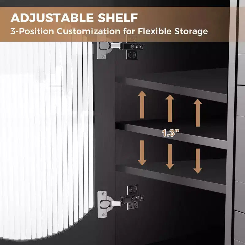 Mobile Buffet GustoWave con Ante, Credenza con Ante in Vetro Scanalato e Cassetti, Credenza Nera per Cucina, Sala da Pranzo