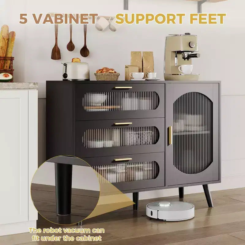 Mobile Buffet GustoWave con Ante, Credenza con Ante in Vetro Scanalato e Cassetti, Credenza Nera per Cucina, Sala da Pranzo