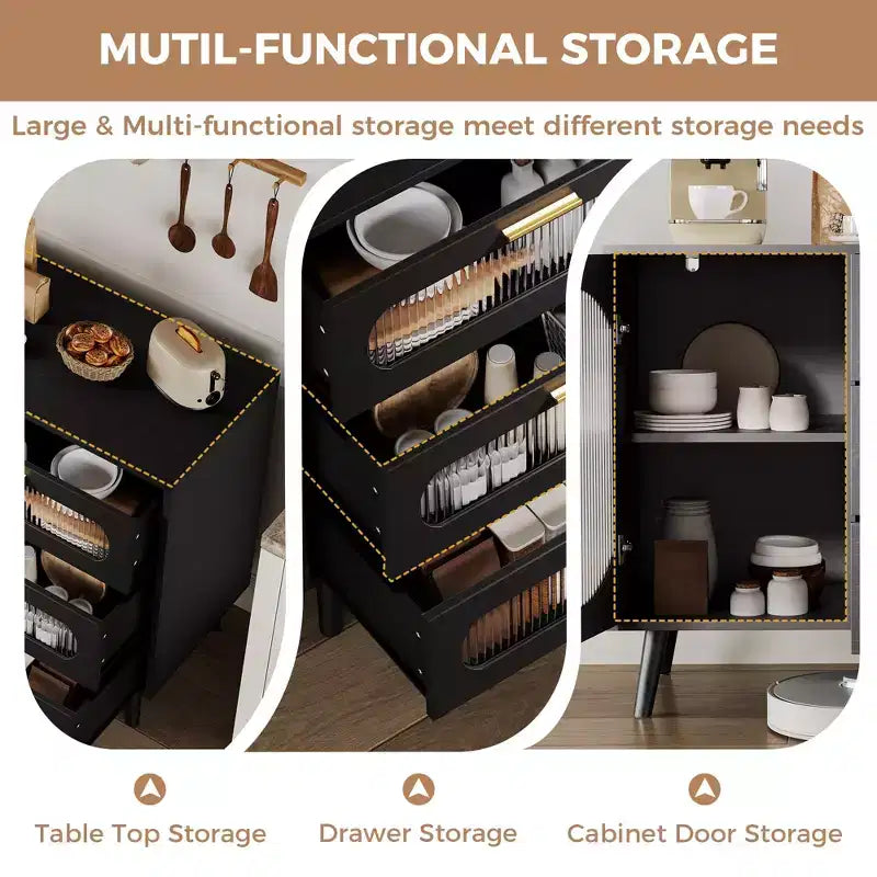 Mobile Buffet GustoWave con Ante, Credenza con Ante in Vetro Scanalato e Cassetti, Credenza Nera per Cucina, Sala da Pranzo