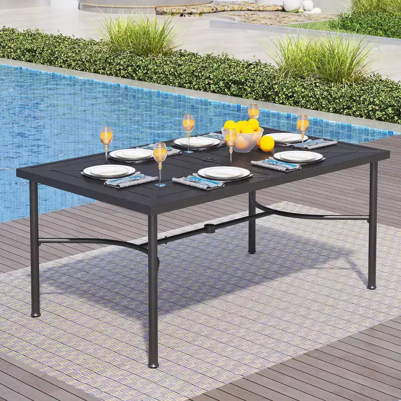 Captiva Designs Set da pranzo 7 pezzi da giardino con motivo geometrico, tavolo rettangolare in acciaio e sedie fisse in textilene