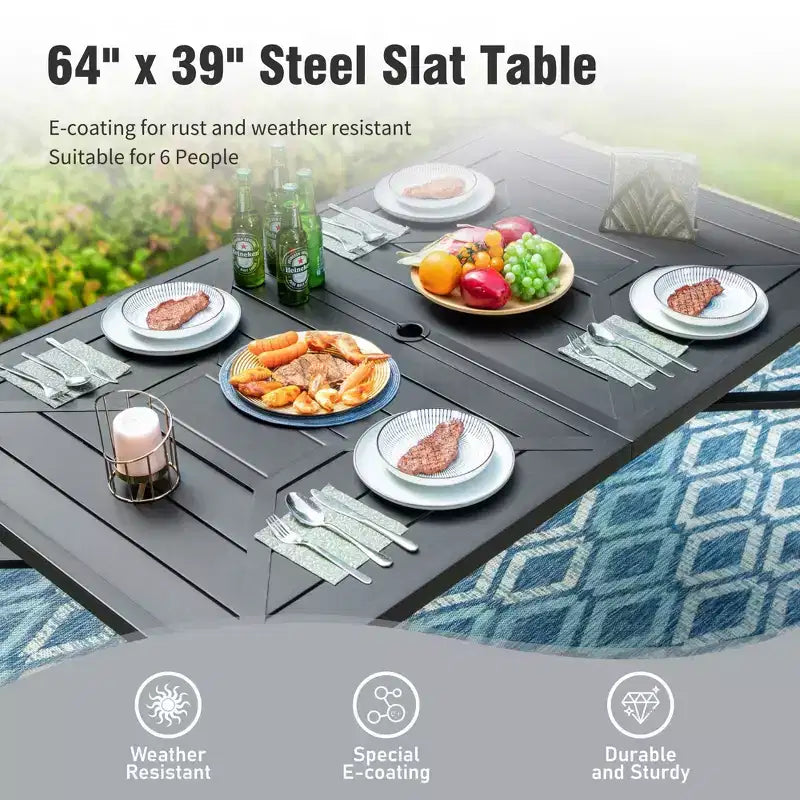 Captiva Designs Set da pranzo 7 pezzi da giardino con motivo geometrico, tavolo rettangolare in acciaio e sedie fisse in textilene