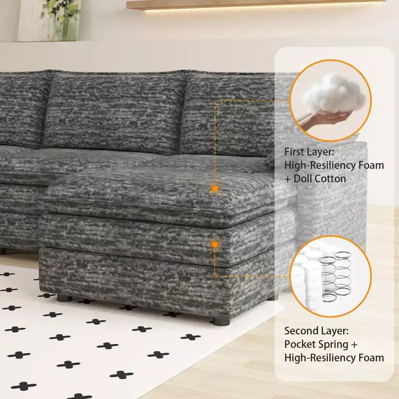 Divano componibile modulare 108 XL, divano a nuvola a L a 4 posti con pouf per soggiorno/appartamento