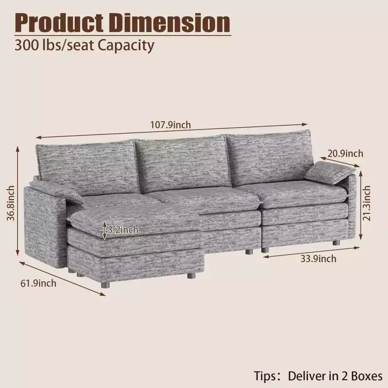 Divano componibile modulare 108 XL, divano a nuvola a L a 4 posti con pouf per soggiorno/appartamento