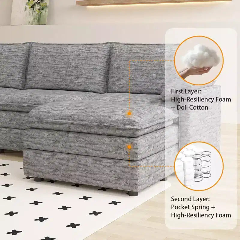 Divano componibile modulare 108 XL, divano a nuvola a L a 4 posti con pouf per soggiorno/appartamento