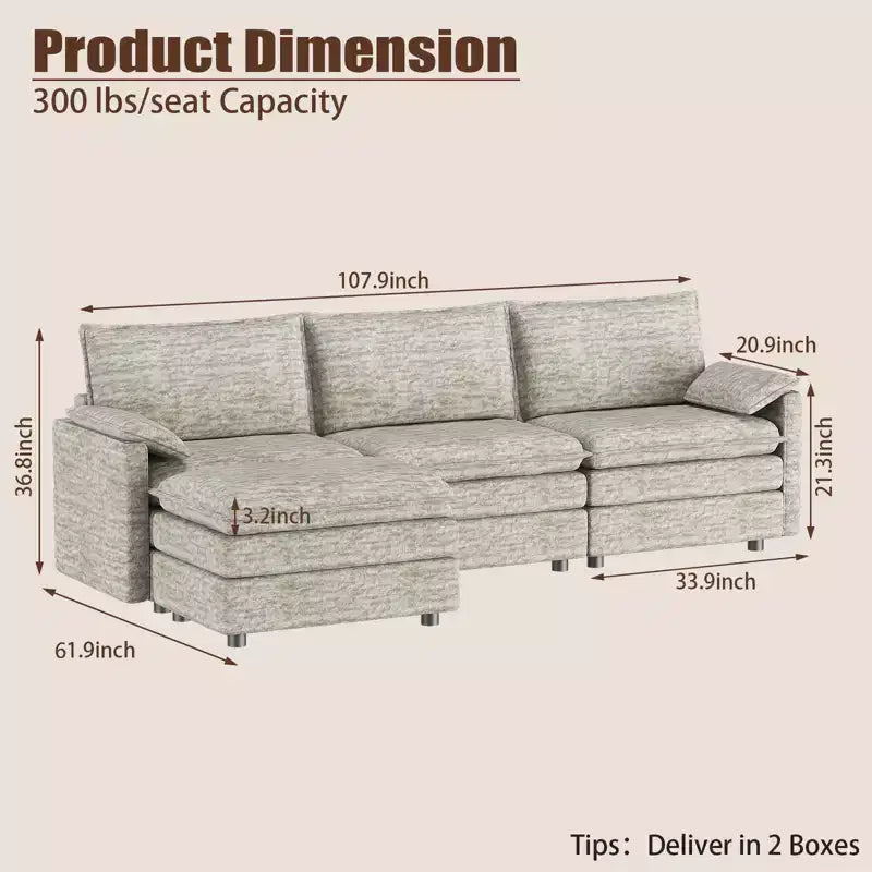 Divano componibile modulare 108 XL, divano a nuvola a L a 4 posti con pouf per soggiorno/appartamento