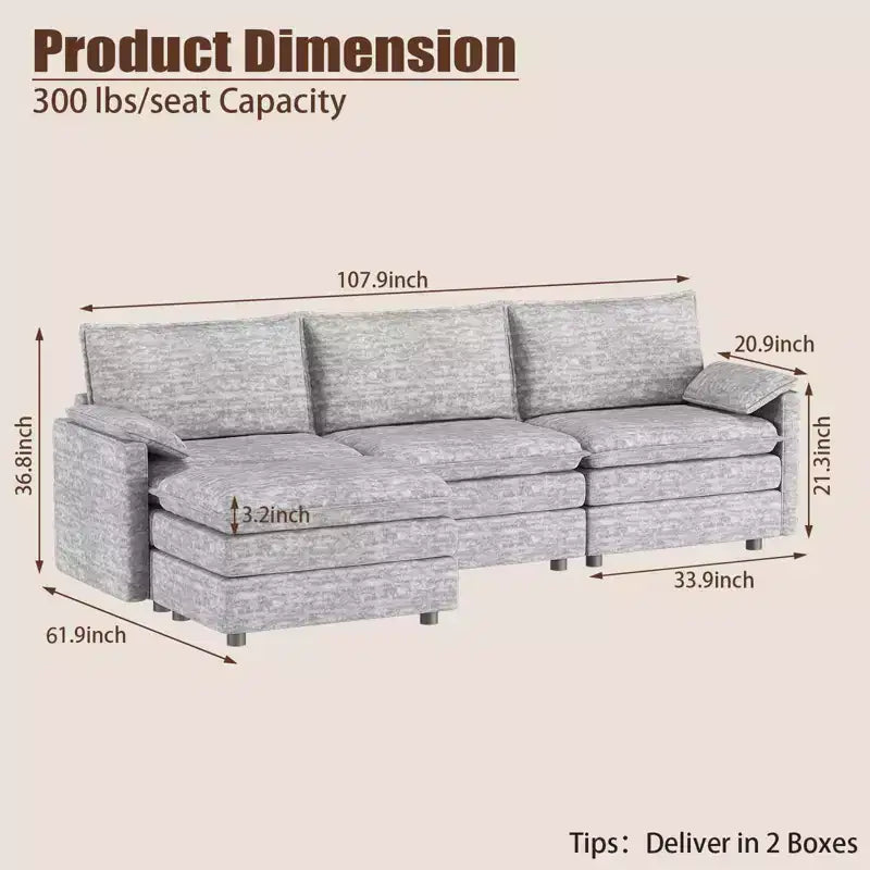 Divano componibile modulare 108 XL, divano a nuvola a L a 4 posti con pouf per soggiorno/appartamento