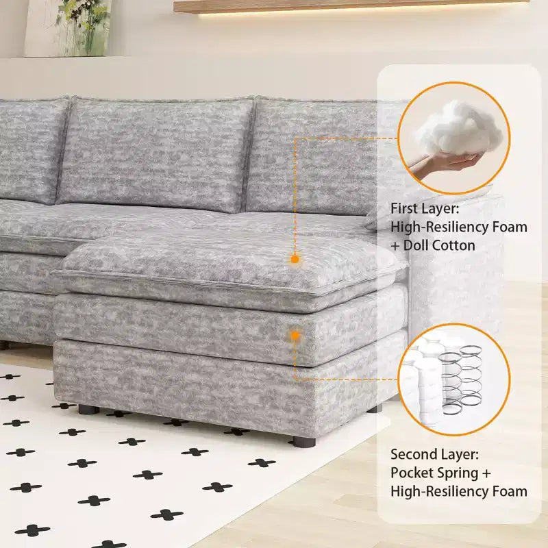 Divano componibile modulare 108 XL, divano a nuvola a L a 4 posti con pouf per soggiorno/appartamento