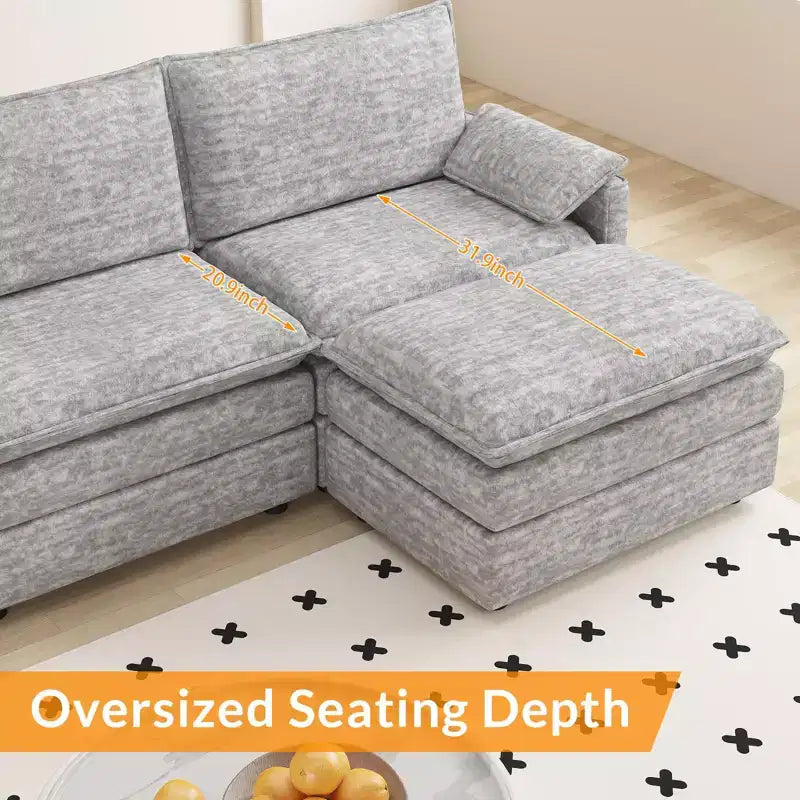 Divano componibile modulare 108 XL, divano a nuvola a L a 4 posti con pouf per soggiorno/appartamento