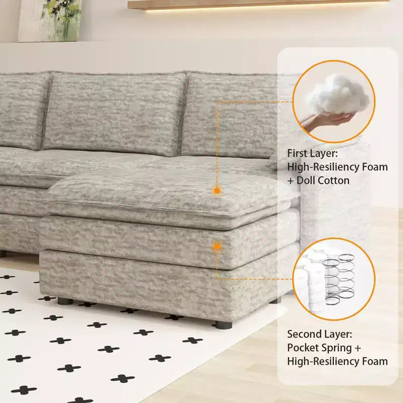 Divano componibile modulare 108 XL, divano a nuvola a L a 4 posti con pouf per soggiorno/appartamento