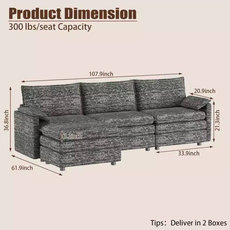 Divano componibile modulare 108 XL, divano a nuvola a L a 4 posti con pouf per soggiorno/appartamento