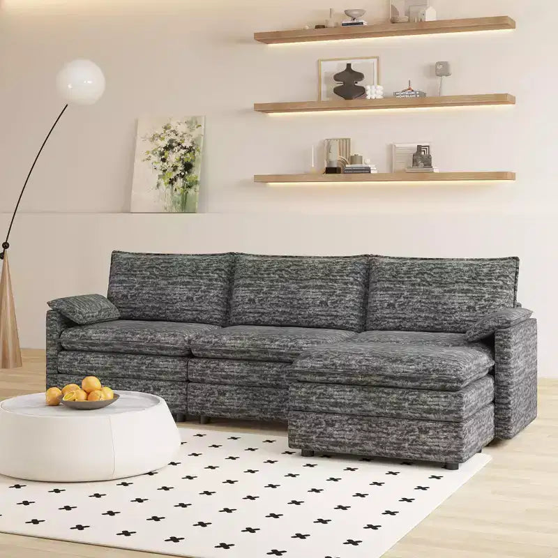 Divano componibile modulare 108 XL, divano a nuvola a L a 4 posti con pouf per soggiorno/appartamento