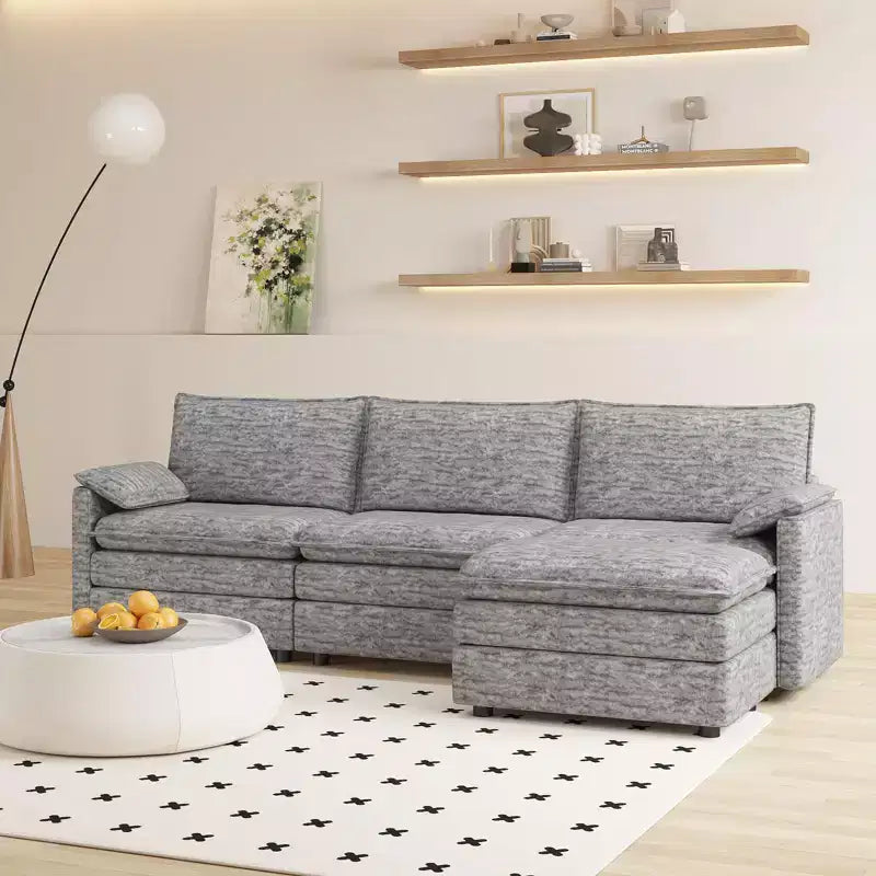 Divano componibile modulare 108 XL, divano a nuvola a L a 4 posti con pouf per soggiorno/appartamento