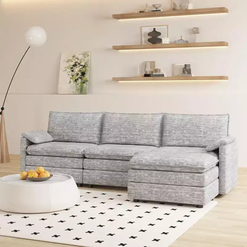 Divano componibile modulare 108 XL, divano a nuvola a L a 4 posti con pouf per soggiorno/appartamento