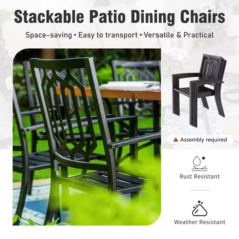 Captiva Designs Set da 7 pezzi con tavolo da pranzo in acciaio con piano a doghe e foro per ombrellone e sedie in metallo con schienale elegante