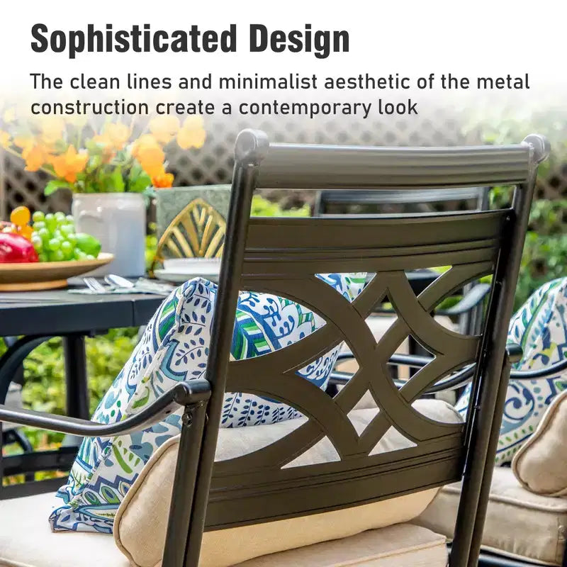 Captiva Designs 7pc Patio Slatted Top Steel Dining Table & Metal Chairs with Seat Cushions and Waist Pillows