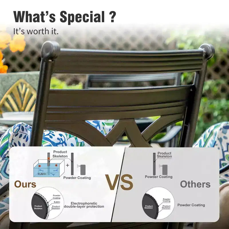 Captiva Designs 7pc Patio Slatted Top Steel Dining Table & Metal Chairs with Seat Cushions and Waist Pillows