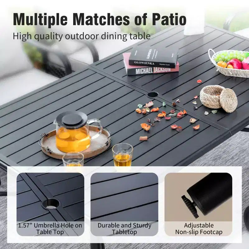 Captiva Designs 7pc Patio Slatted Top Steel Dining Table & Metal Chairs with Seat Cushions and Waist Pillows