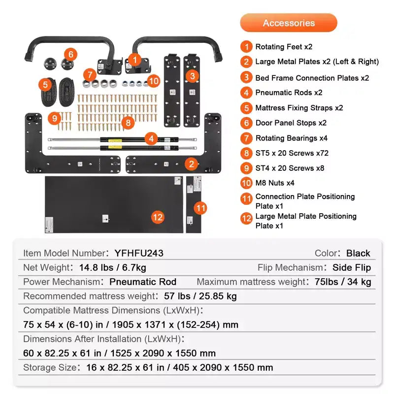 VEVOR Kit Letto a Scomparsa, Matrimoniale, Kit Hardware Meccanico per Letto a Muro Fai da Te Deluxe, Supporto Telaio Letto Resistente con Leva Pneumatica, Letto a Muro Pieghevole, Nero
