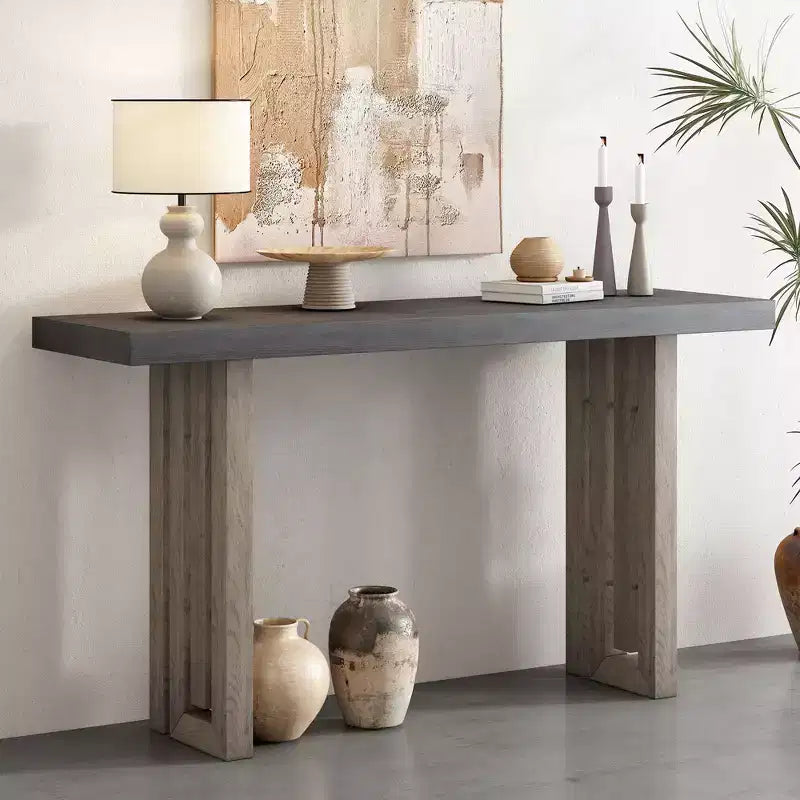 Consolle Okak Minimalism con impiallacciatura in rovere, tavolo da ingresso con piano e gambe spessi, tavolino d'appoggio per soggiorno, corridoio
