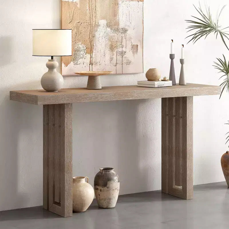 Consolle Okak Minimalism con impiallacciatura in rovere, tavolo da ingresso con piano e gambe spessi, tavolino d'appoggio per soggiorno, corridoio