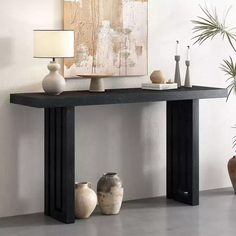 Consolle Okak Minimalism con impiallacciatura in rovere, tavolo da ingresso con piano e gambe spessi, tavolino d'appoggio per soggiorno, corridoio