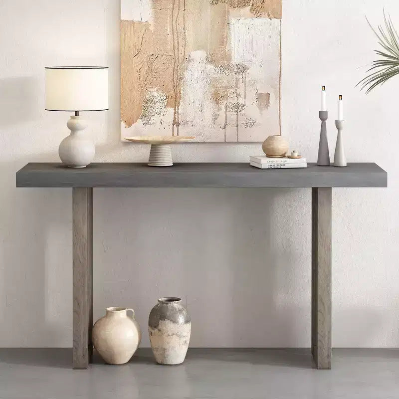 Consolle Okak Minimalism con impiallacciatura in rovere, tavolo da ingresso con piano e gambe spessi, tavolino d'appoggio per soggiorno, corridoio