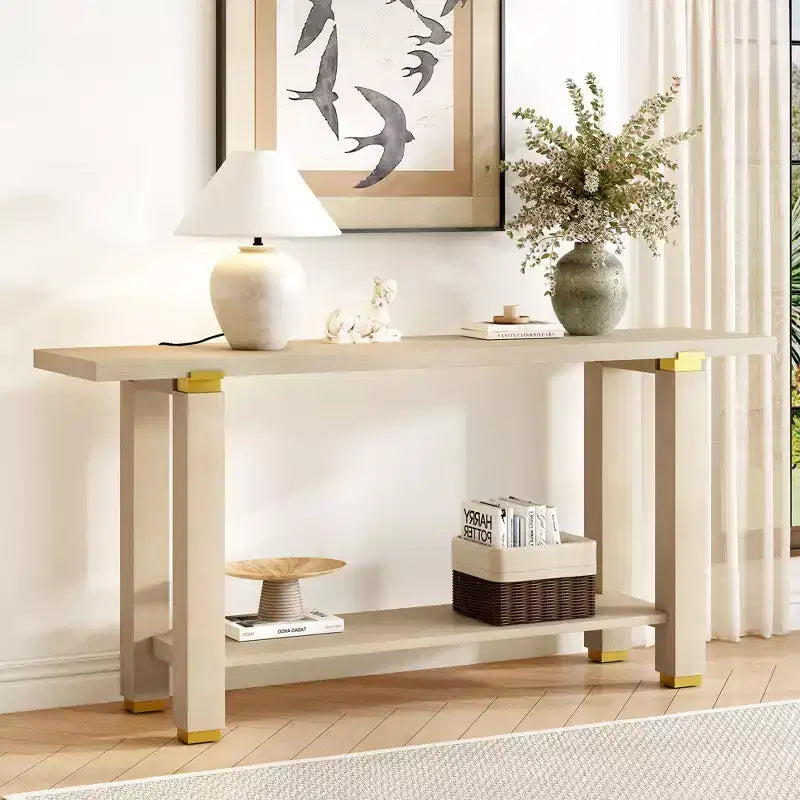 Okak 63IN Tavolo Consolle Moderno Stretto, Tavolo da Ingresso con Accenti Metallici e Ripiano Aperto, Tavolo d'Appoggio per Soggiorno, Corridoio, Naturale