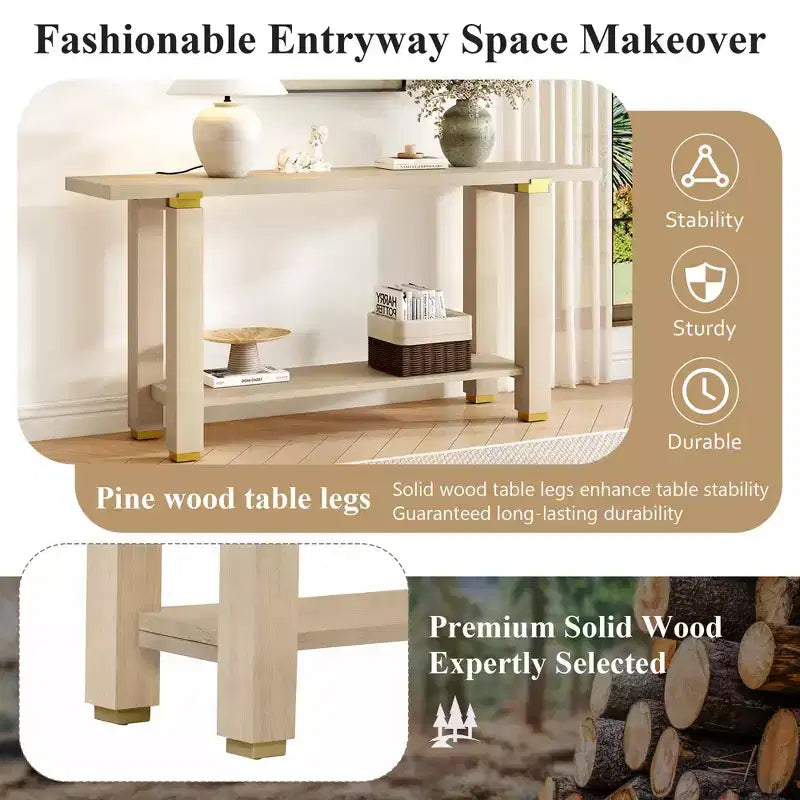 Okak 63IN Tavolo Consolle Moderno Stretto, Tavolo da Ingresso con Accenti Metallici e Ripiano Aperto, Tavolo d'Appoggio per Soggiorno, Corridoio, Naturale