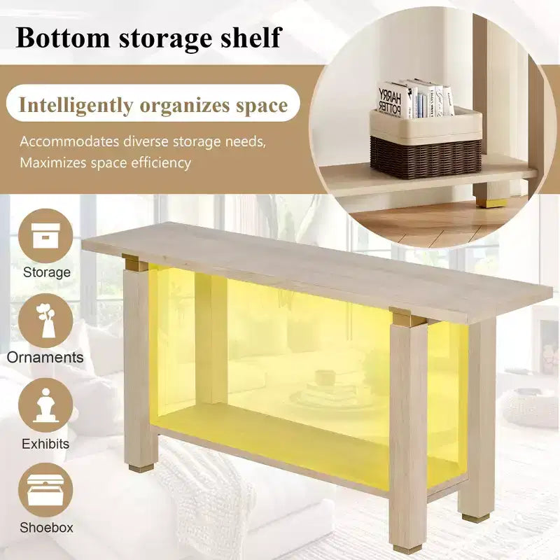 Okak 63IN Tavolo Consolle Moderno Stretto, Tavolo da Ingresso con Accenti Metallici e Ripiano Aperto, Tavolo d'Appoggio per Soggiorno, Corridoio, Naturale