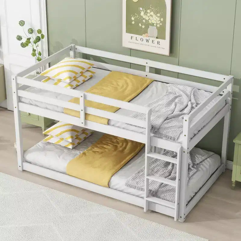 Okak 77.3IN Letto a Castello a Pavimento Twin-Over-Twin con Scaletta, Letto Singolo con Ringhiera e Doghe Rinforzate, Strutture Letto per Cameretta Bambini, Sala Giochi, Bianco